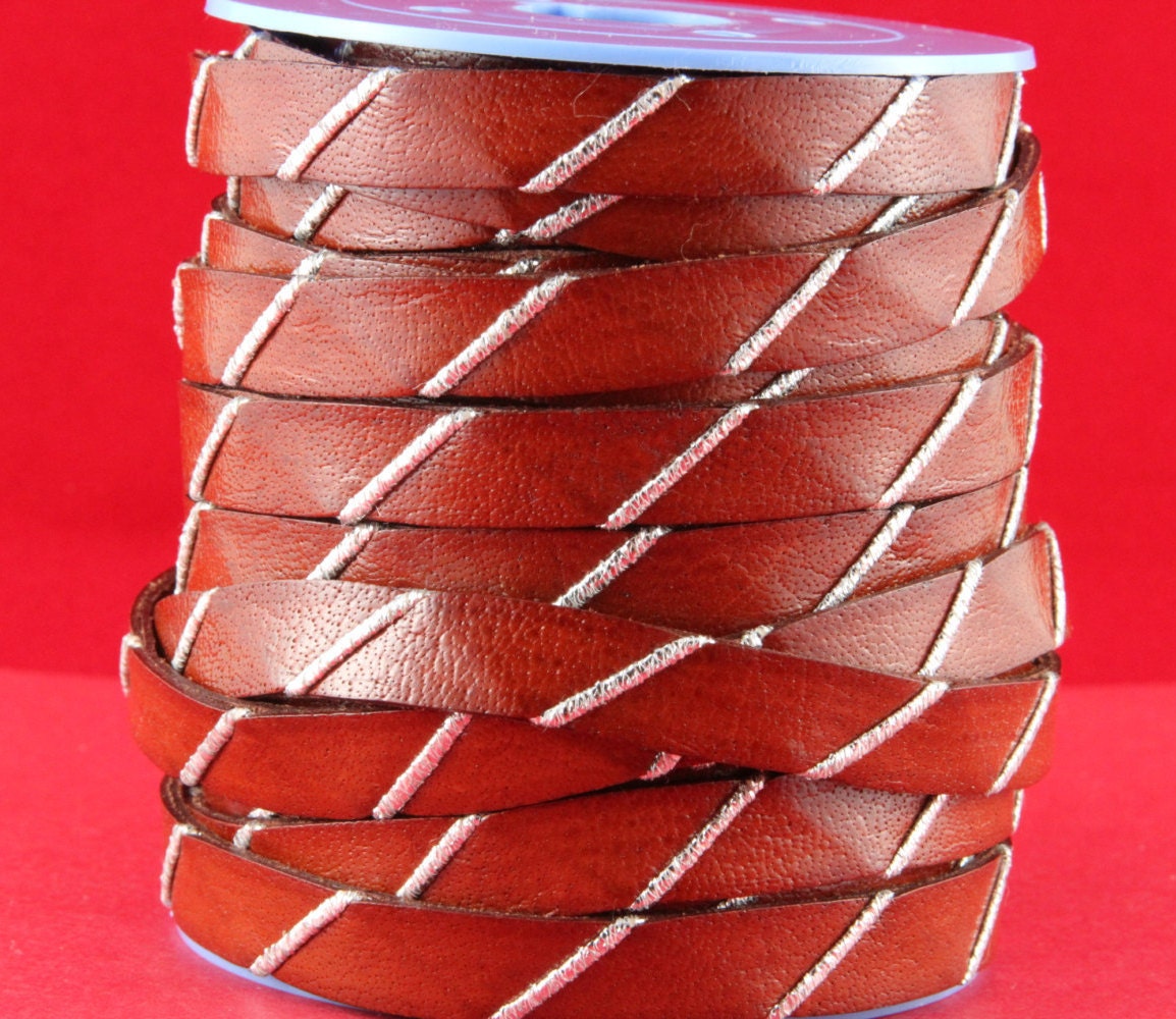 MADE in EUROPE 8" brown leather cord with silver strip, flat cognac leather cord, 10mm cognac leather cord (vm10tejido)