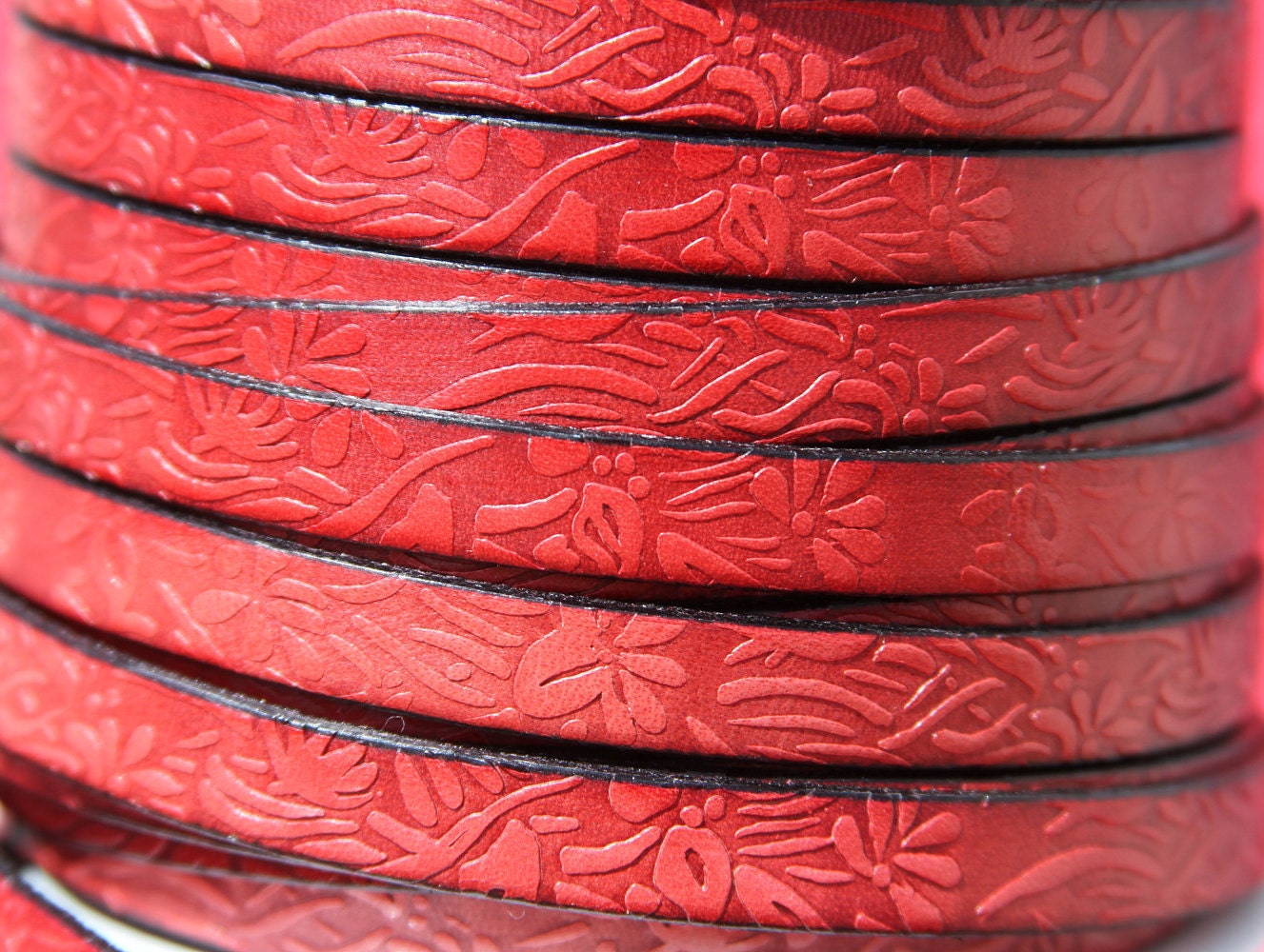MADE in SPAIN 24" of red floral leather cord, 10mm flat engraved leather cord for bracelet, embossed 10mm leather cord (509/10/12)
