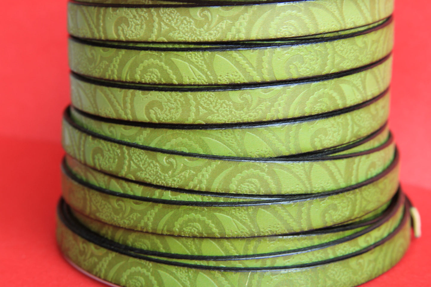 MADE in EUROPE 24" flat leather cord, embossed 10mm green leather cord, engraved leather cord (503/10/07)