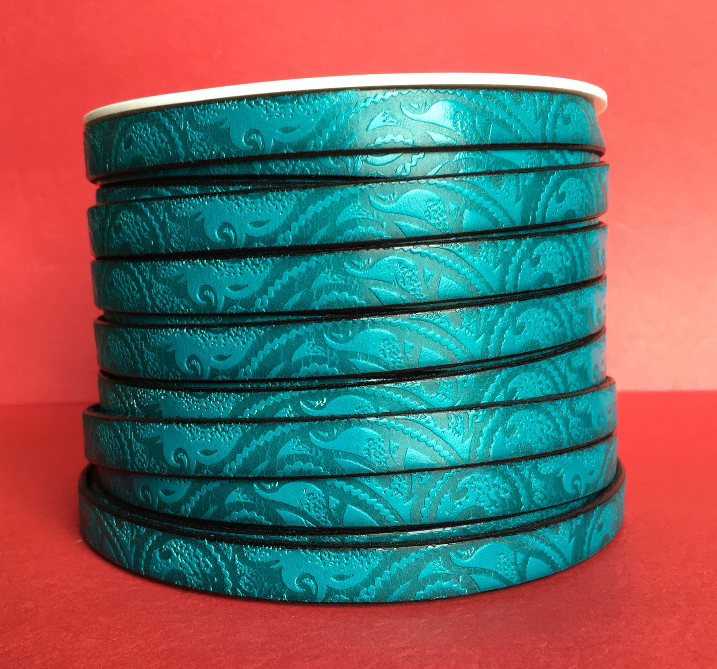 MADE in EUROPE 24" flat leather cord, embossed 10mm teal leather cord, engraved leather cord(503/10/08)