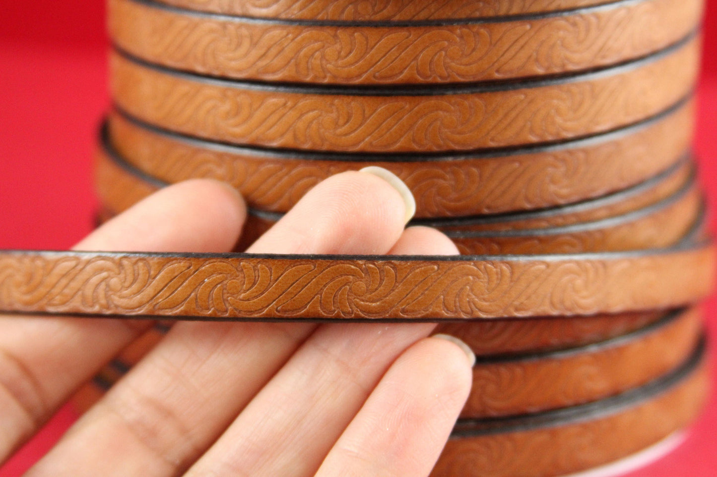 MADE in EUROPE 24" flat leather cord, 10mm leather cord, brown embossed leather cord (499/10/33)