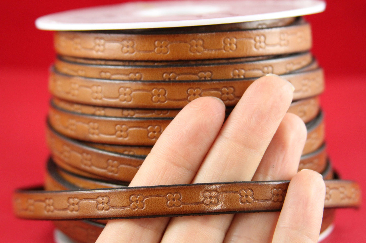 MADE in EUROPE 24" flat leather cord, 10mm floral leather cord, brown embossed leather cord (492/10/33)