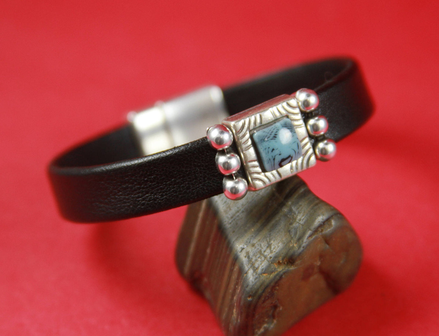 FS0285>>MADE IN EUROPE 2 zamak square sliders with turquoise cabochon, slider for flat cord, 10mm flat cord slider Qty2