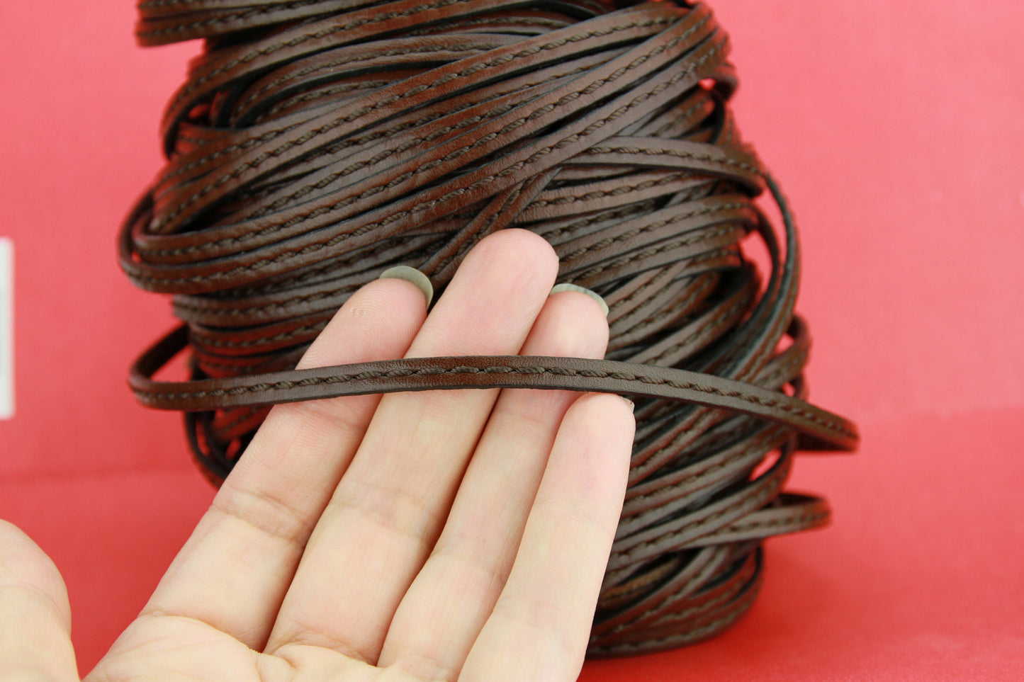 MADE in EUROPE 1 yard of 5mm brown stitched leather cord, genuine leather 5mm stitched strip, brown flat leather cord (4837/05MAR)