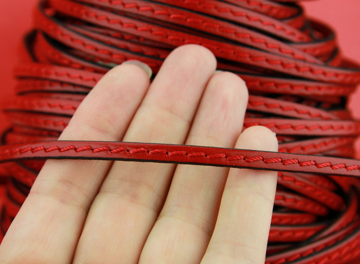 MADE in EUROPE 1 yard of 5mm red stitched leather cord, genuine leather 5mm stitched strip, red flat leather cord (4837/05ROJO)