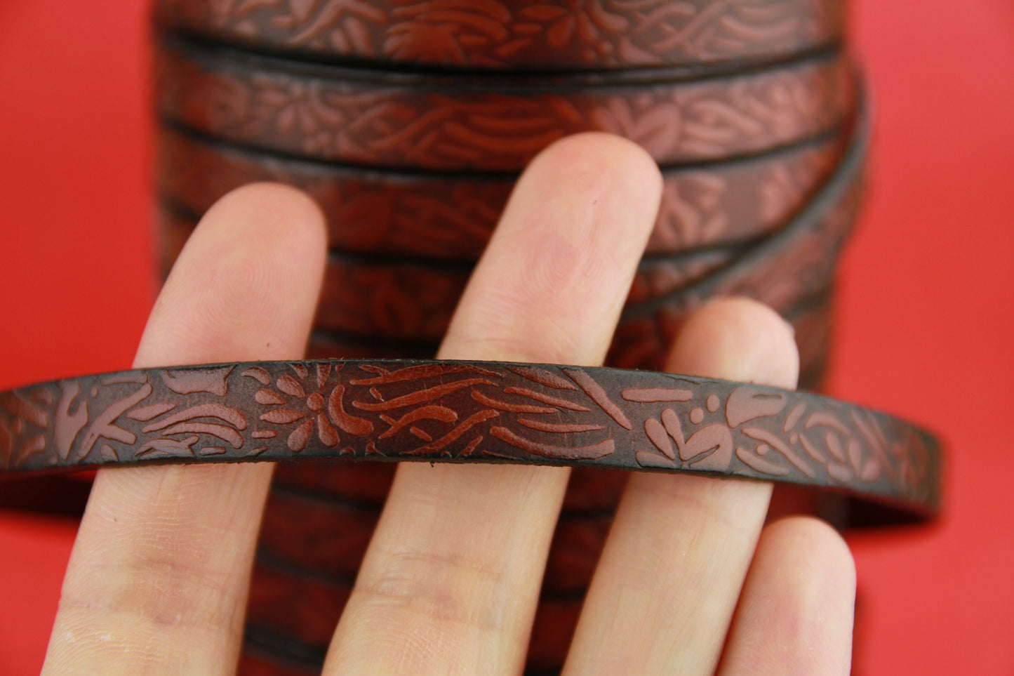 MADE in EUROPE 24" flat leather cord, 10mm leather cord, cognac embossed leather cord (509/10/26)