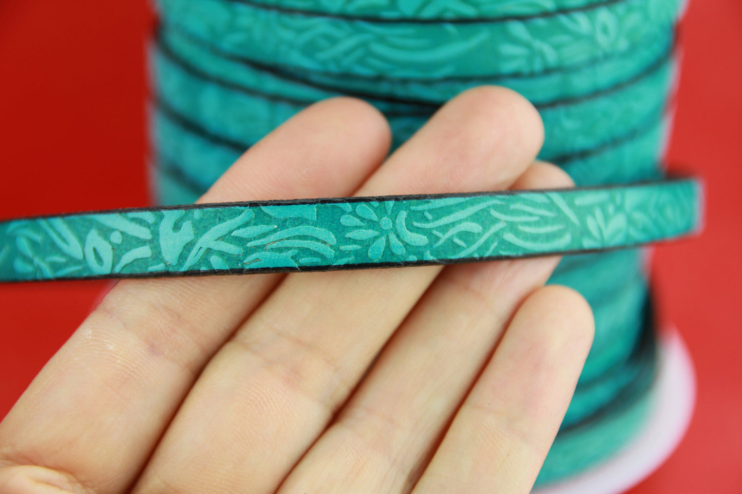 MADE in EUROPE 24" flat leather cord, 10mm leather cord, floral embossed leather cord