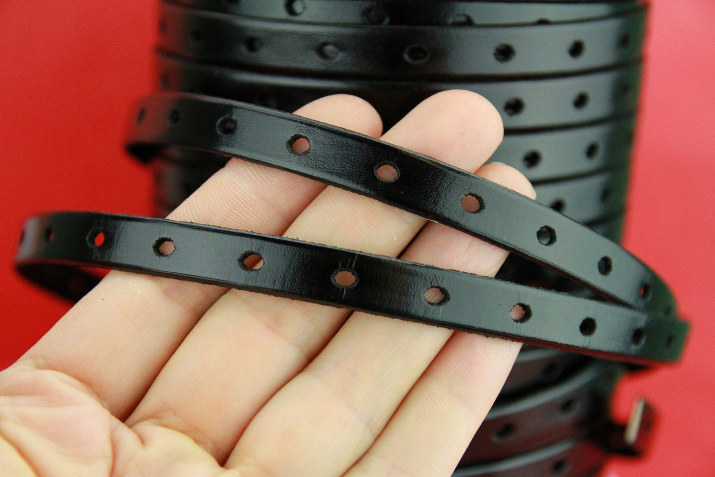MADE IN SPAIN 24" perforated 10mm leather cord, perforated black leather cord, 10mm plain leather cord