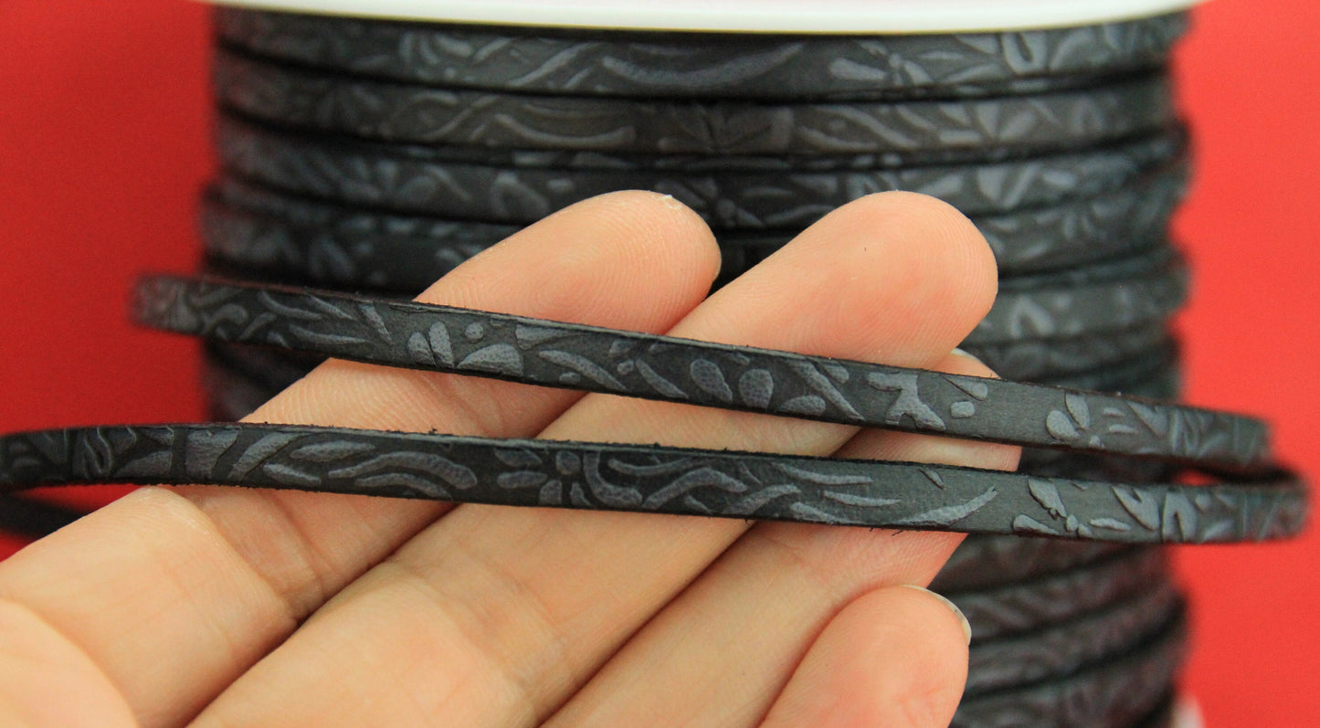 MADE in EUROPE 24'' flat 5mm engraved leather cord, 5mm flat leather cord, 5mm embossed leather cord(509/05/40)