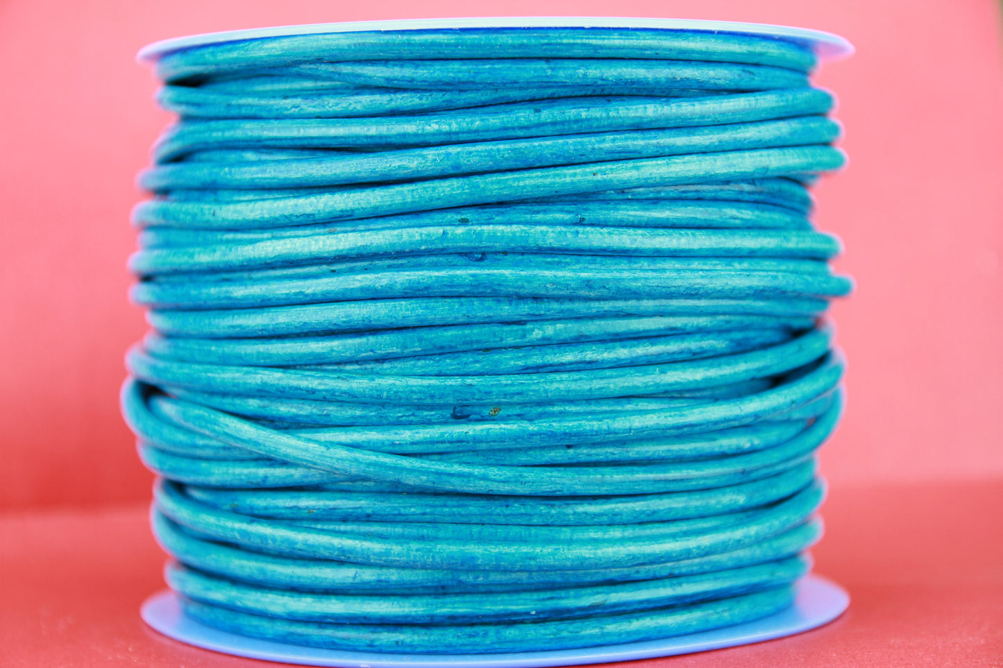MADE in SPAIN 1 yard turquoise round leather cord, genuine leather cord, jewelry leather cord, distressed leather cord (4MS321)