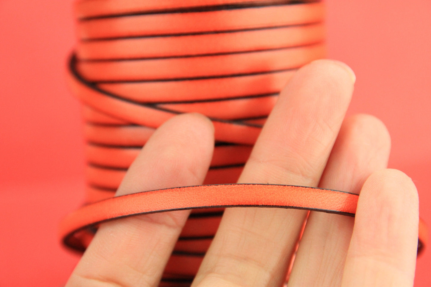 MADE in EUROPE 1 yard of 5mm flat leather cord, genuine leather 5mm strip, 5mm orange leather cord (MARF5NAR)