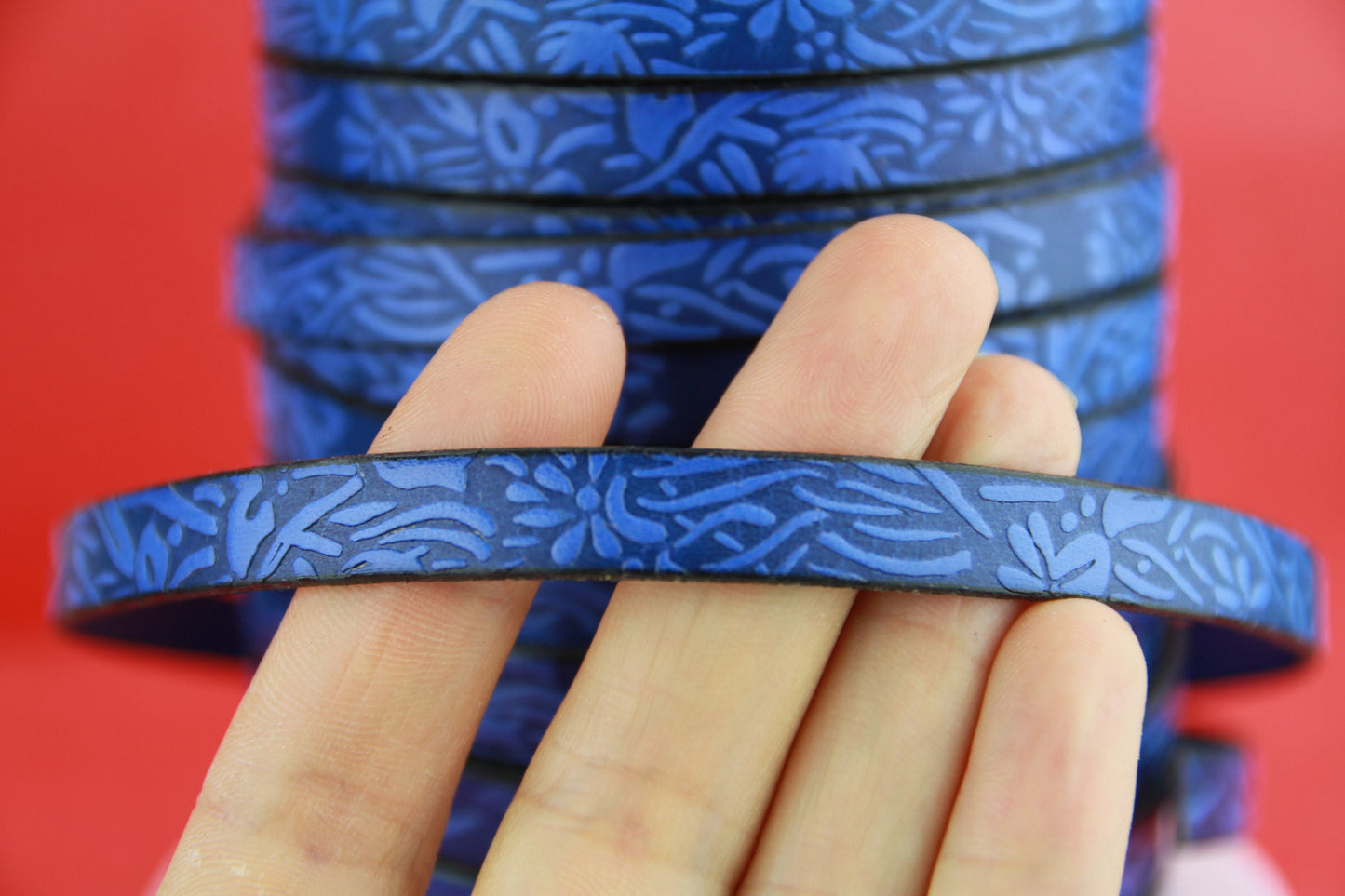 MADE in SPAIN 24" of floral leather cord, 10mm flat engraved leather cord for bracelet, embossed 10mm leather cord (509/10/28)