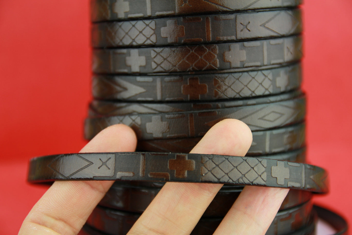 MADE in EUROPE 24" flat leather cord, embossed 10mm dark brown leather cord, genuine leather cord (705/10/37)