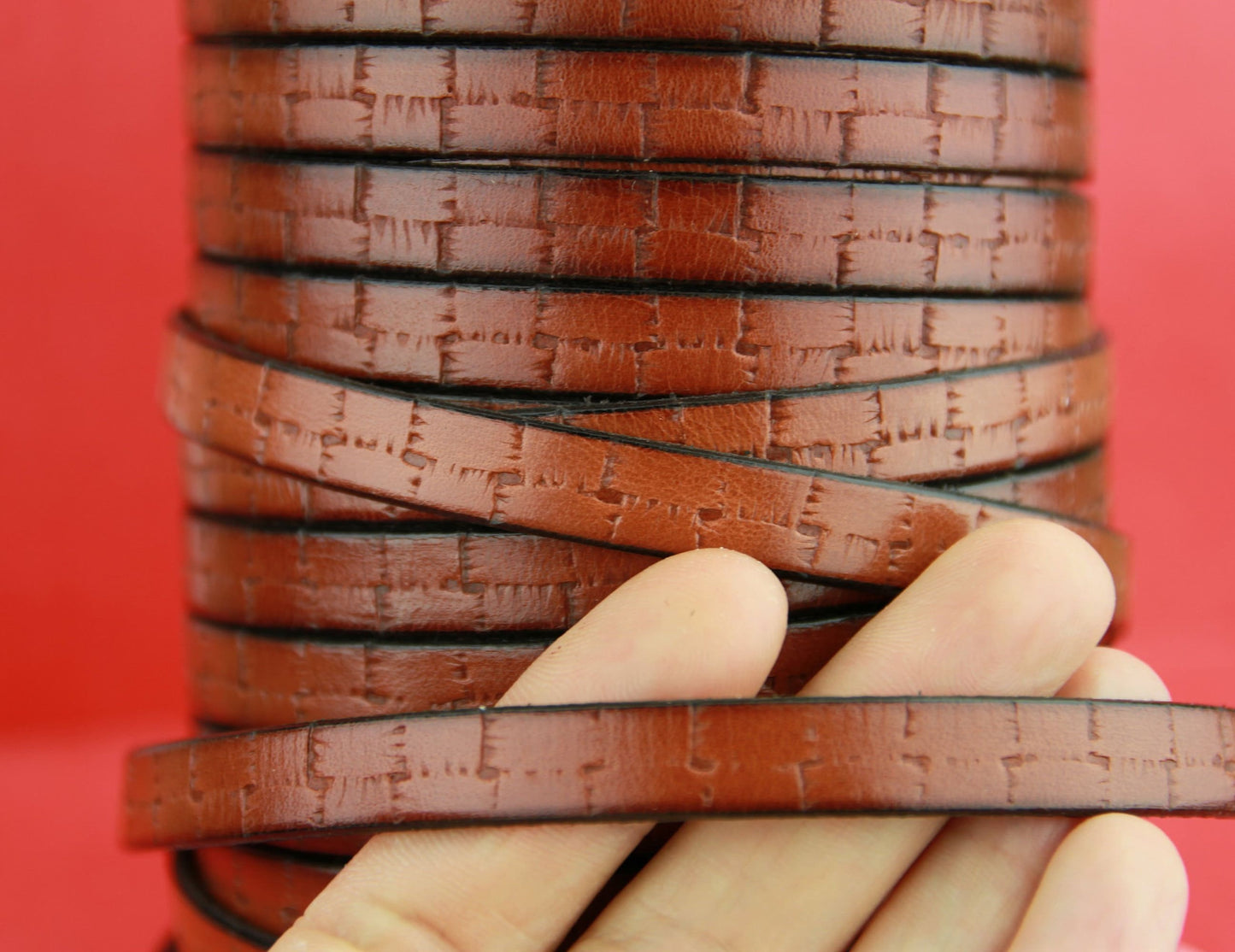 MADE in EUROPE 24" flat leather cord, 10mm leather cord, cognac embossed leather cord (505/10/26)