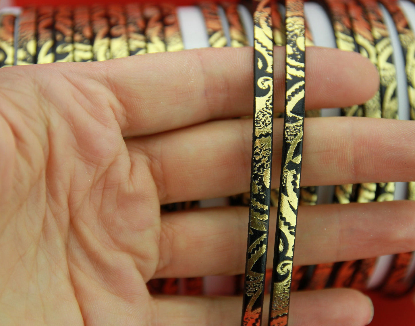 MADE in SPAIN 24" flat leather cord, black engraved leather cord with gold pattern (504/01G)