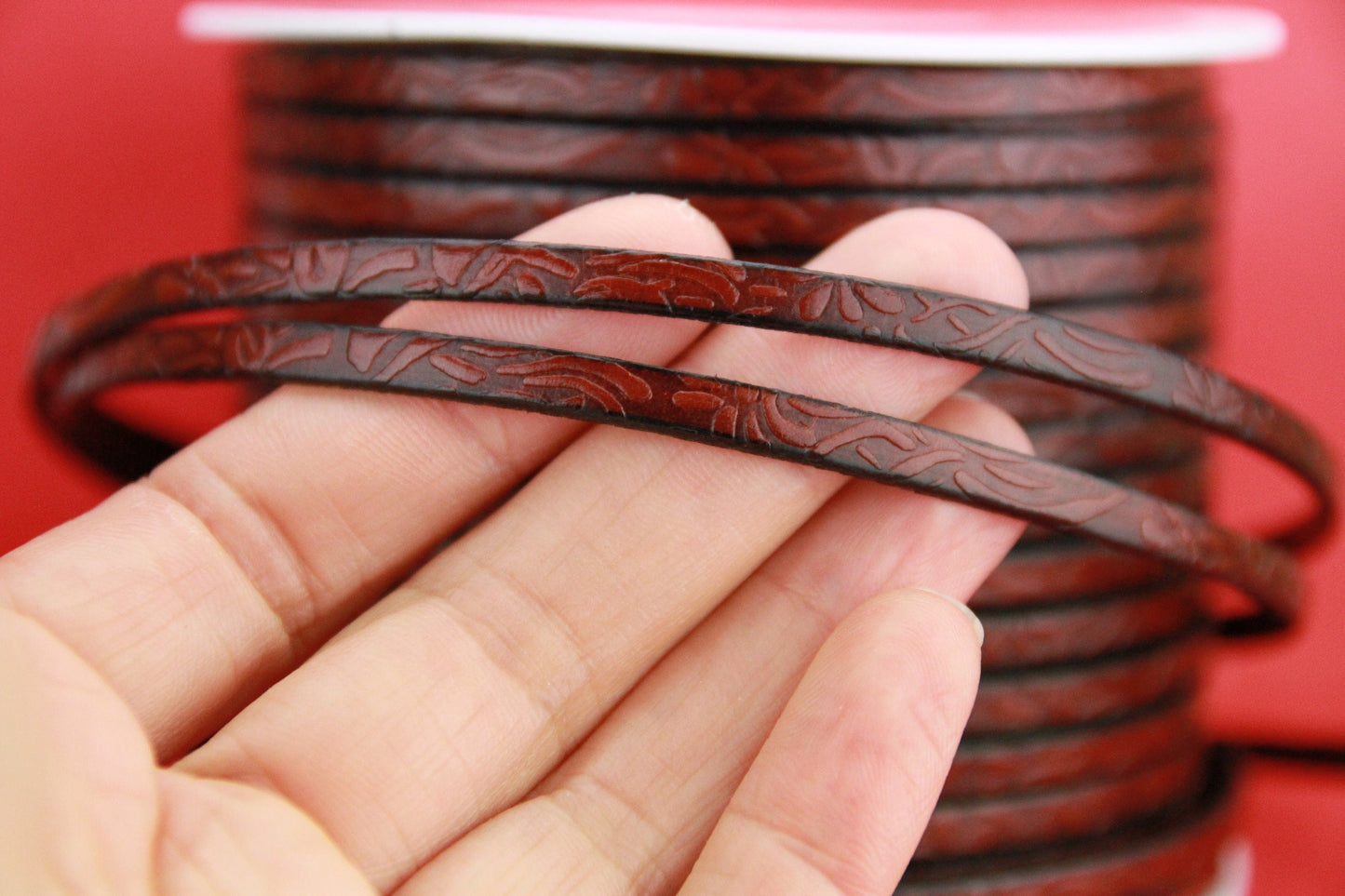 MADE in EUROPE 24'' flat 5mm engraved leather cord, 5mm flat leather cord, 5mm floral embossed leather cord(509/05/26)
