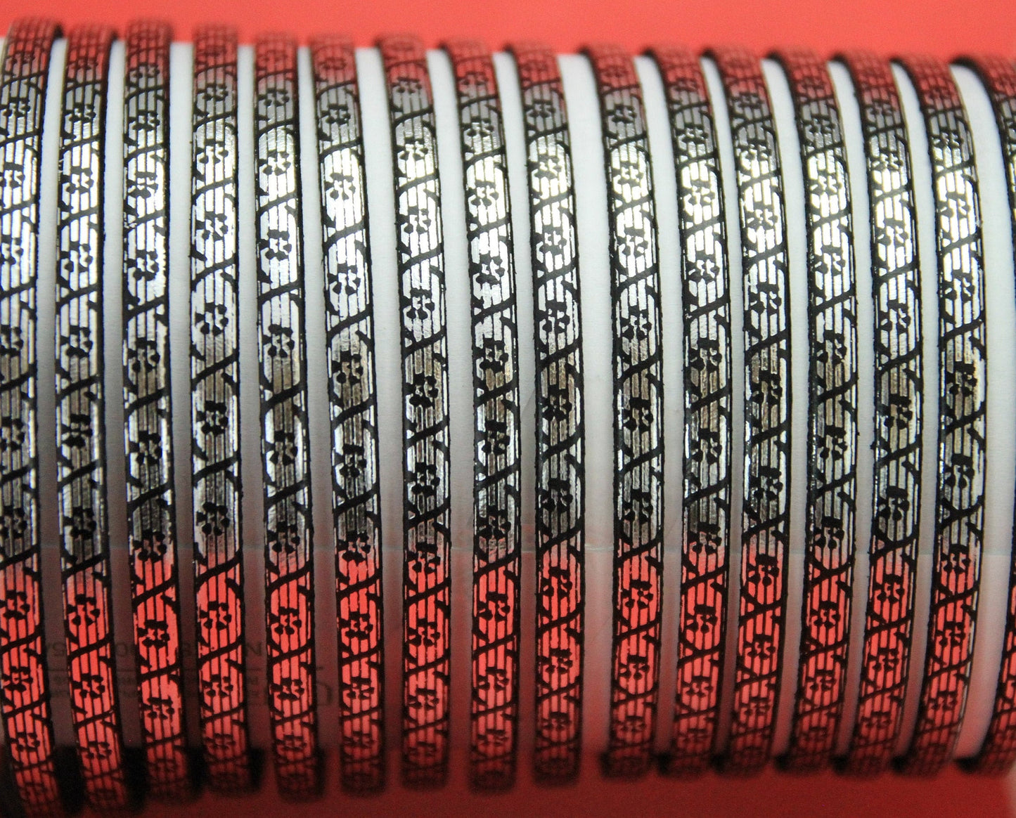 MADE in SPAIN 24" flat leather cord, 5mm silver printed leather cord with tiny flower pattern (555/05/01S)