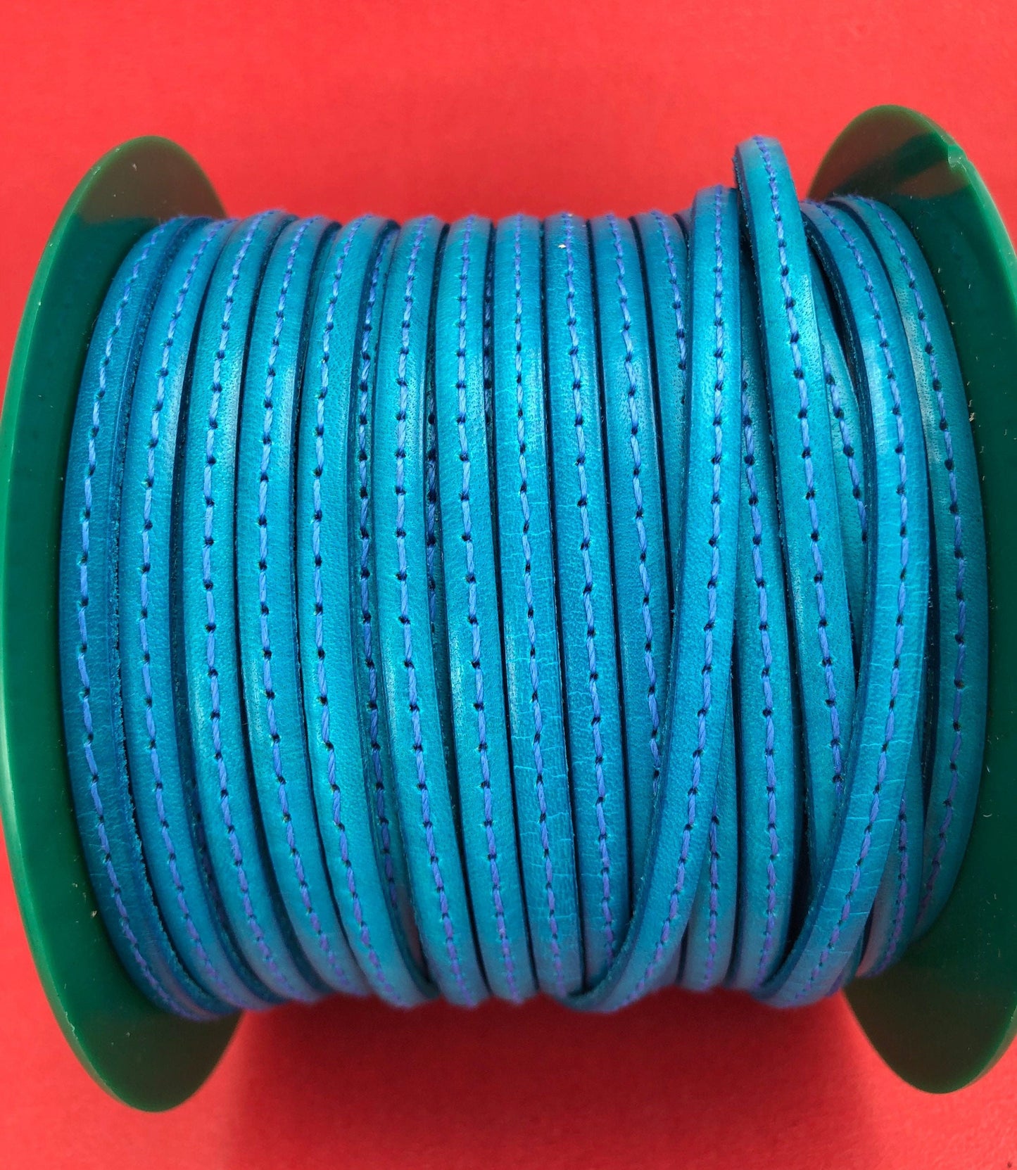 MADE in EUROPE 1 yard of 5mm flat stitched leather cord, 5mm turquoise stitched leather cord, (MARF5TURINTST)