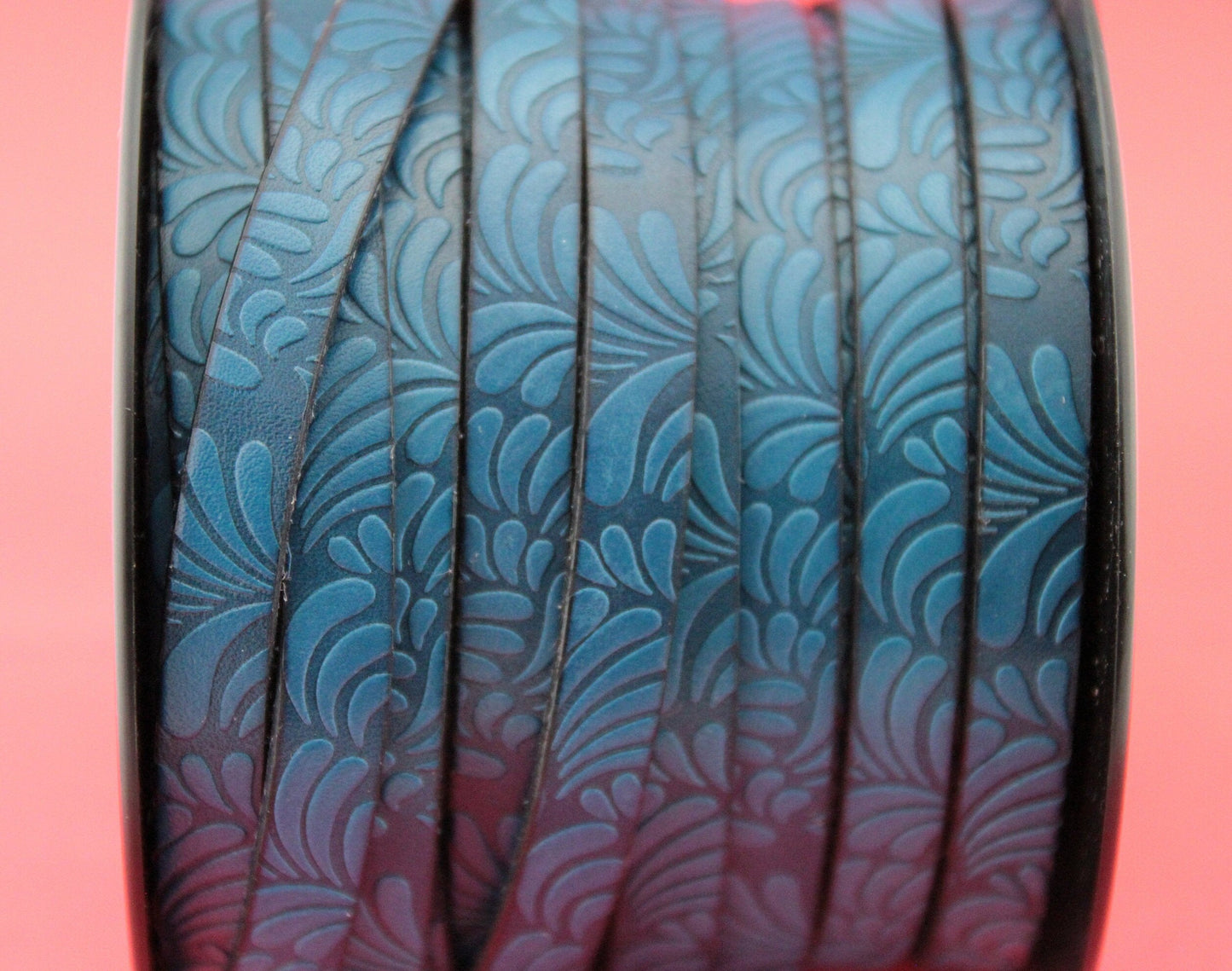 MADE in SPAIN 24" of floral leather cord, 10mm flat engraved leather cord for bracelet, embossed 10mm leather cord (Marf10petalblue))