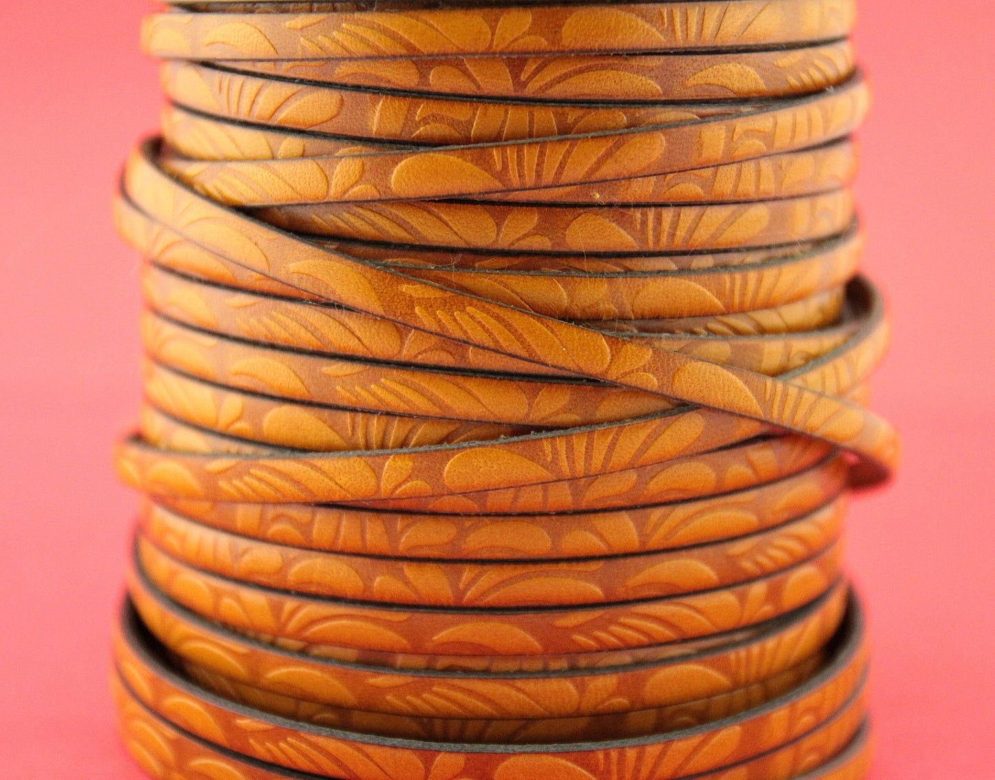 MADE in EUROPE 24'' flat 5mm embossed leather cord, 5mm flat leather cord, 5mm embossed leather cord (MARF5petalmustard)