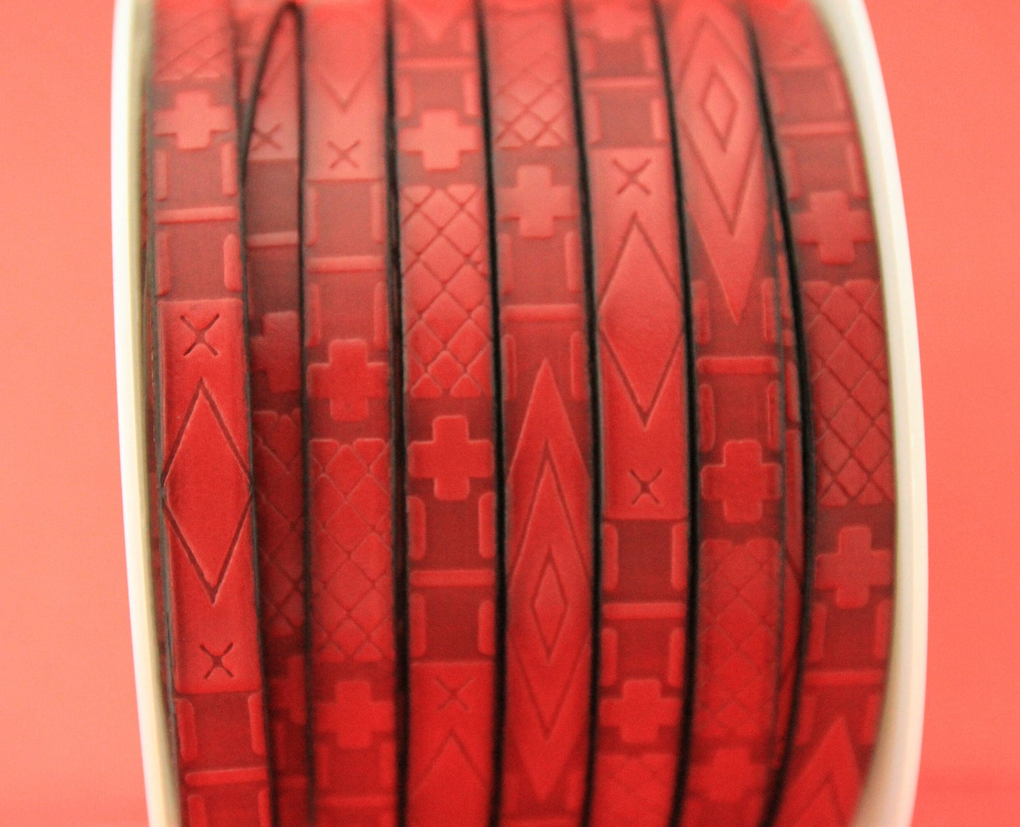 MADE in SPAIN 24" of red leather cord, 10mm flat engraved leather cord for bracelet, embossed 10mm leather cord (705/10/12)