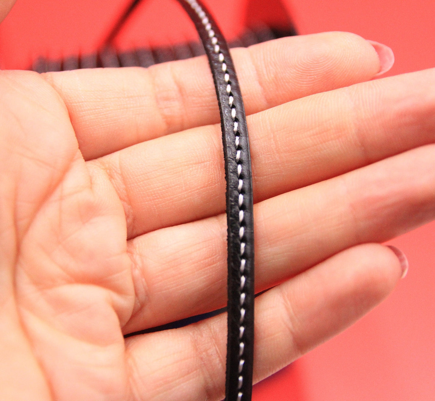 MADE in EUROPE 1 yard of 5mm black stitched leather cord, genuine leather 5mm stitched strip, black flat leather cord (MARF5BlkSTWht)