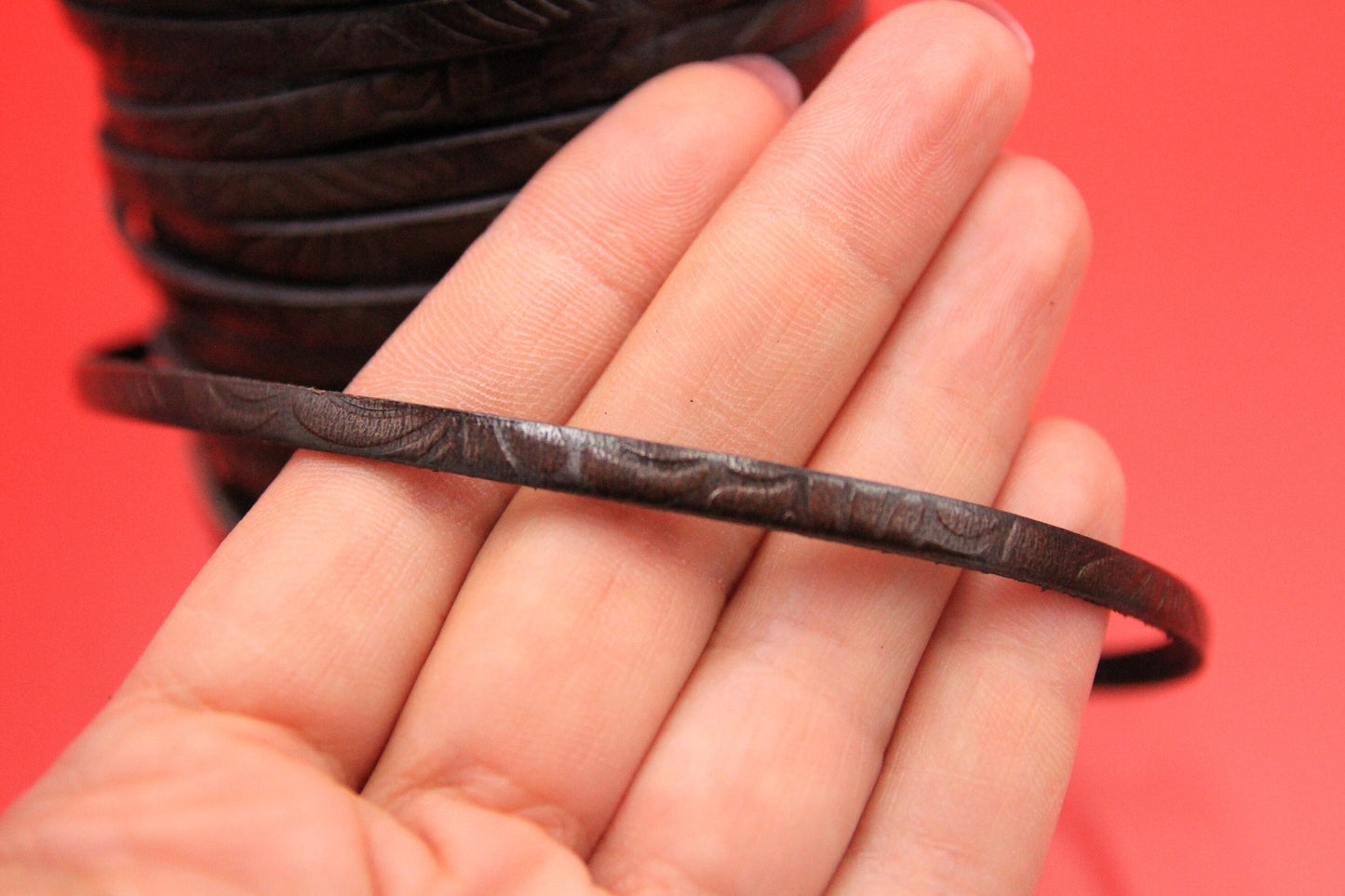 MADE in EUROPE 24'' flat 5mm embossed leather cord, 5mm flat floral embossed leather cord, (AR150/05/09)