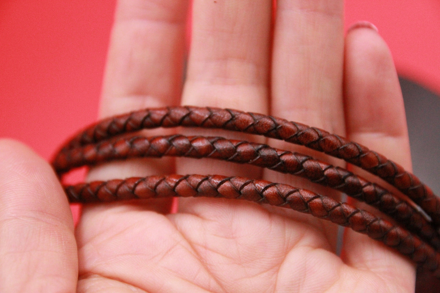 MADE in SPAIN 24" 5mm braided leather cord, 5mm brown braided leather cord, (CProundbraid5)