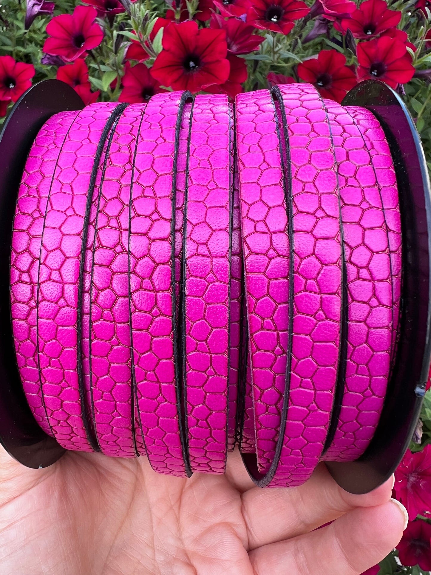 MADE in EUROPE 24" flat leather cord, alligator skin embossed 10mm leather cord, 10mm hot pink engraved leather cord (AR250/10/25)