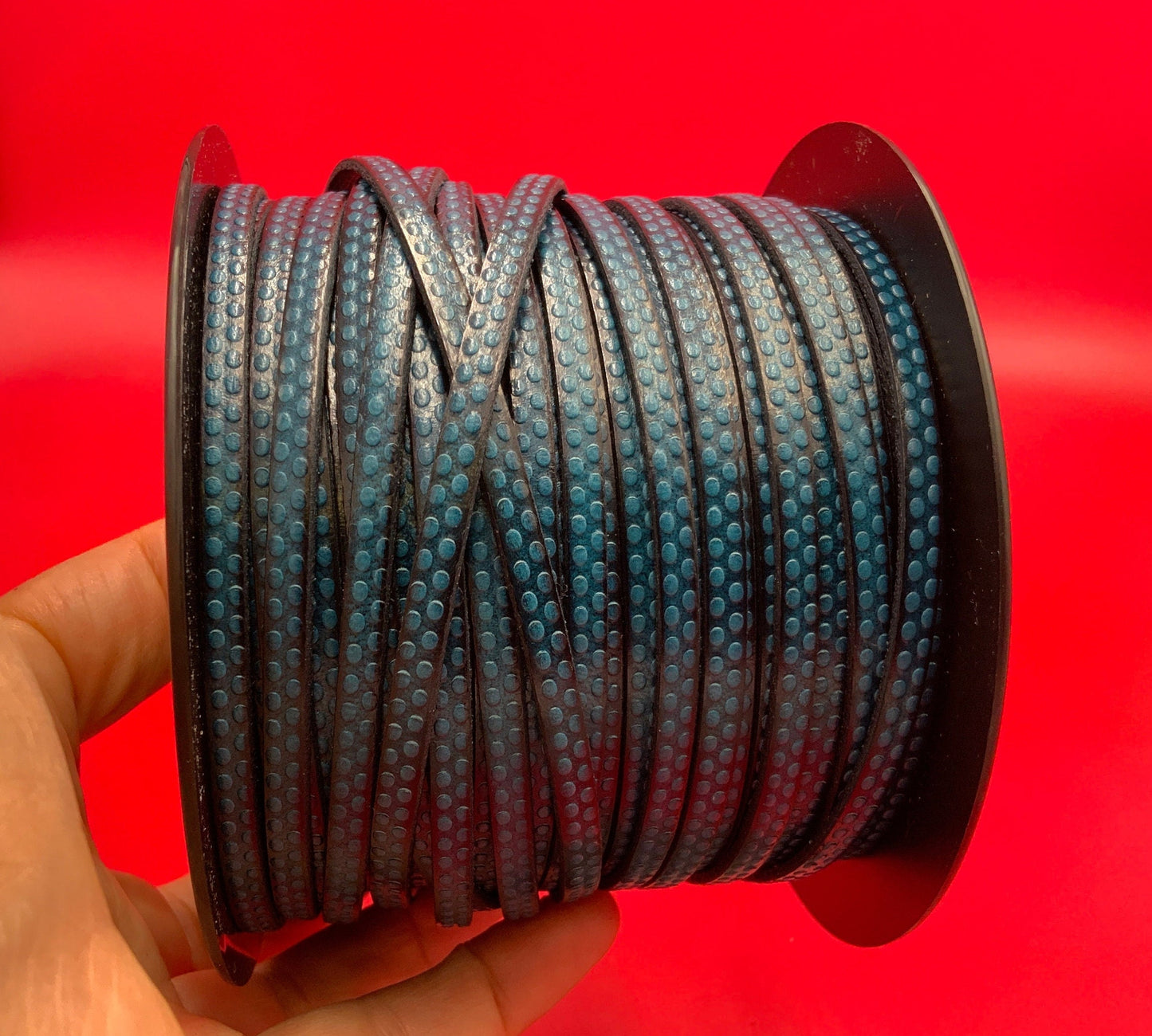 MADE in EUROPE 24" flat leather cord, polka dot embossed 5mm blue leather cord, genuine leather cord (AR110/05/19)