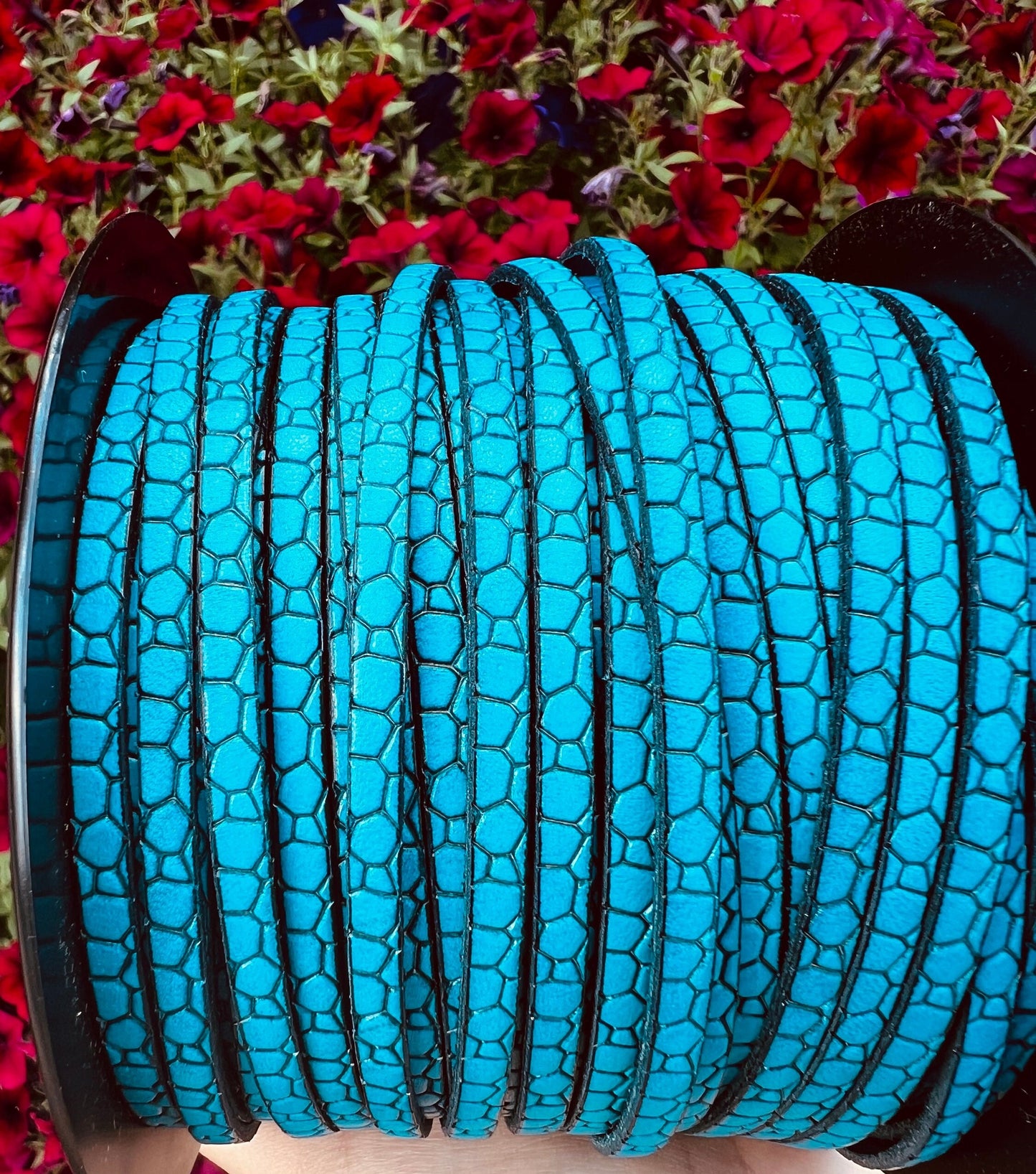 MADE in EUROPE 24'' flat 5mm engraved turquoise leather cord, 5mm flat leather cord, 5mm embossed leather cord(AR110/05/18)