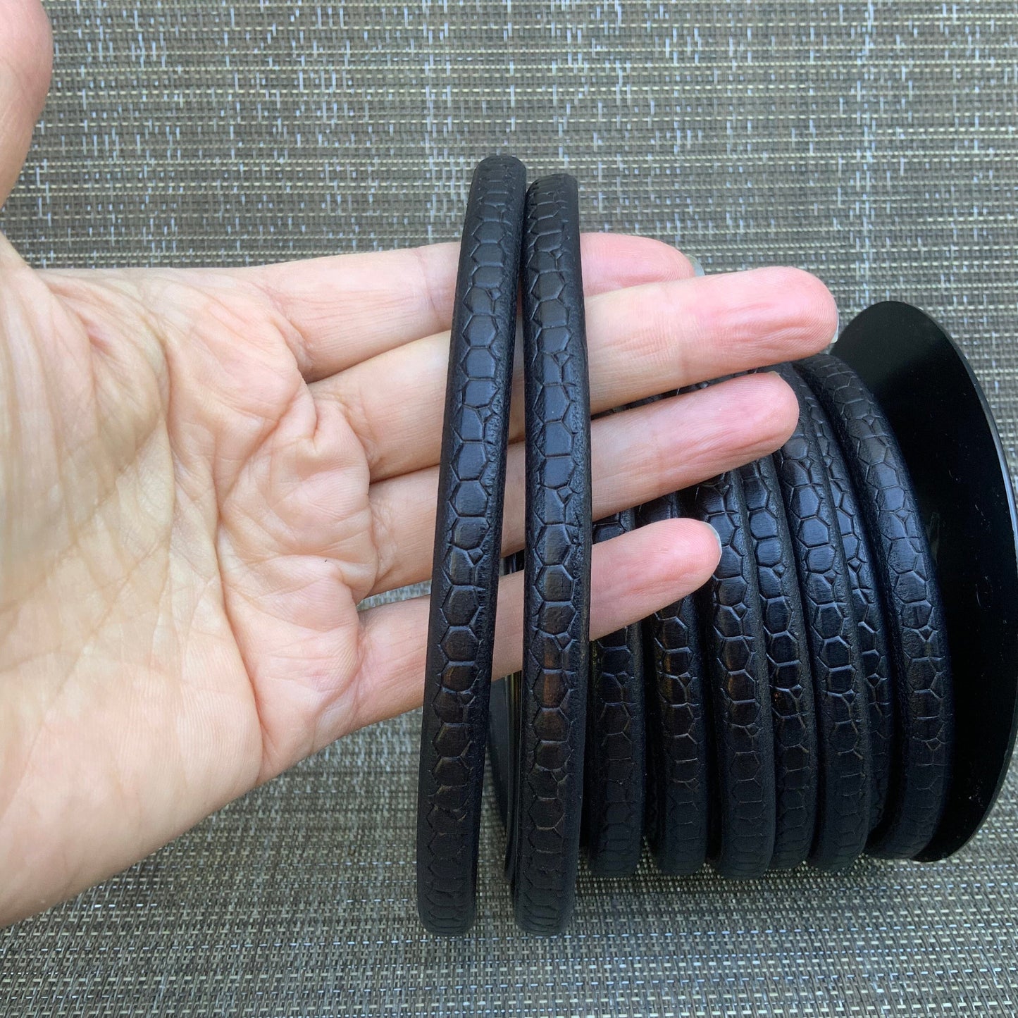 MADE in SPAIN 10x5.5mm licorice leather cord, embossed licorice leather cord, 8" black licorice cord (1MARL10CROCNEG)