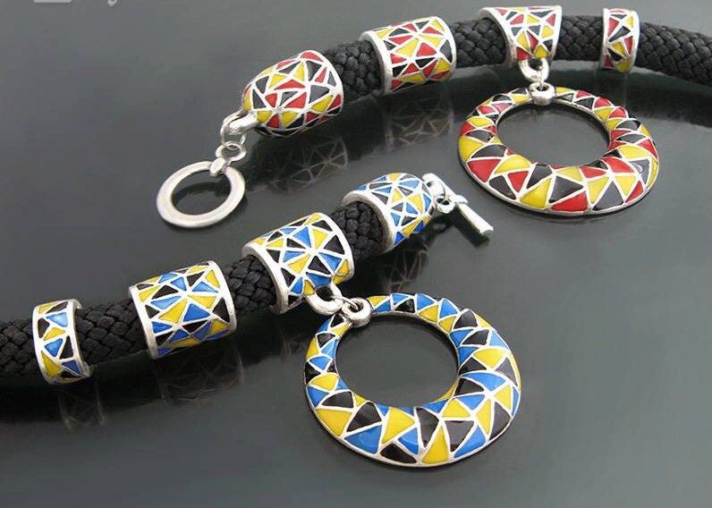 13/6 MADE IN EUROPE, 2 enamel sliders, 10mm metal tubes, climbing cord slider, round cord slider, round cord metal bead (E6019-1)