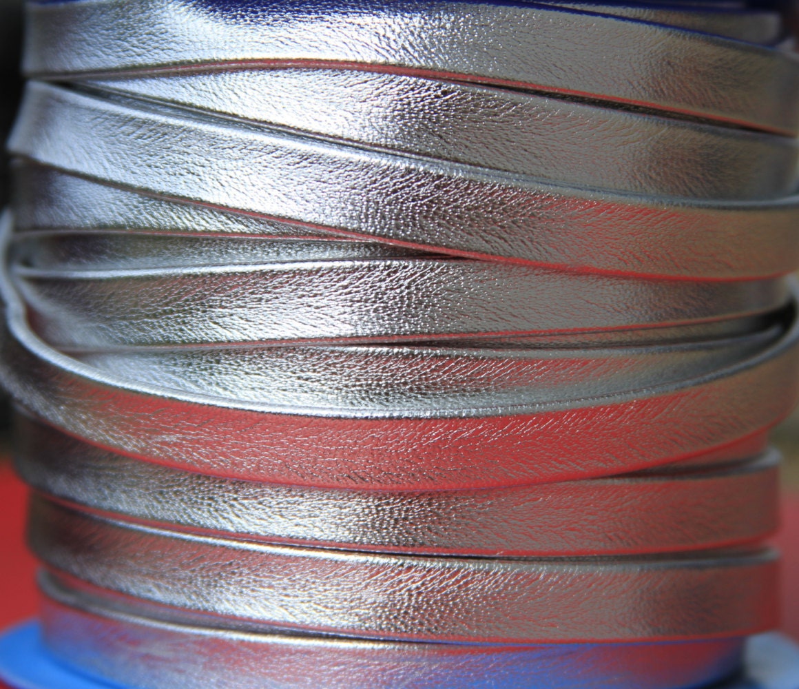 MADE in SPAIN 24"  folded 10mm flat leather cord, silver flat leather cord, 10mm flat silver leather cord (TD10MTPCL)