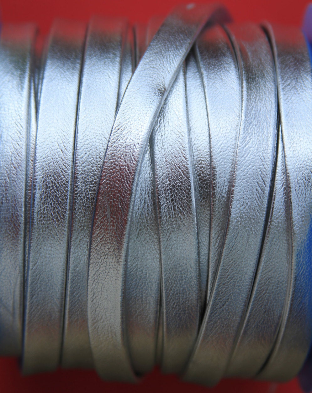 MADE in SPAIN 24"  folded 10mm flat leather cord, silver flat leather cord, 10mm flat silver leather cord (TD10MTPCL)
