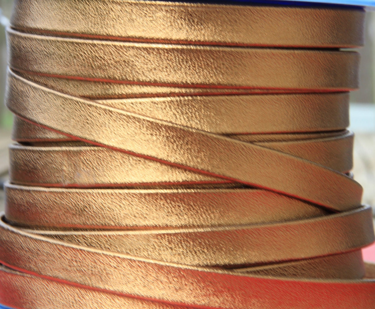 MADE in SPAIN 24"  folded 10mm flat leather cord, old gold flat leather cord, 10mm flat gold leather cord (TD10MTORV)