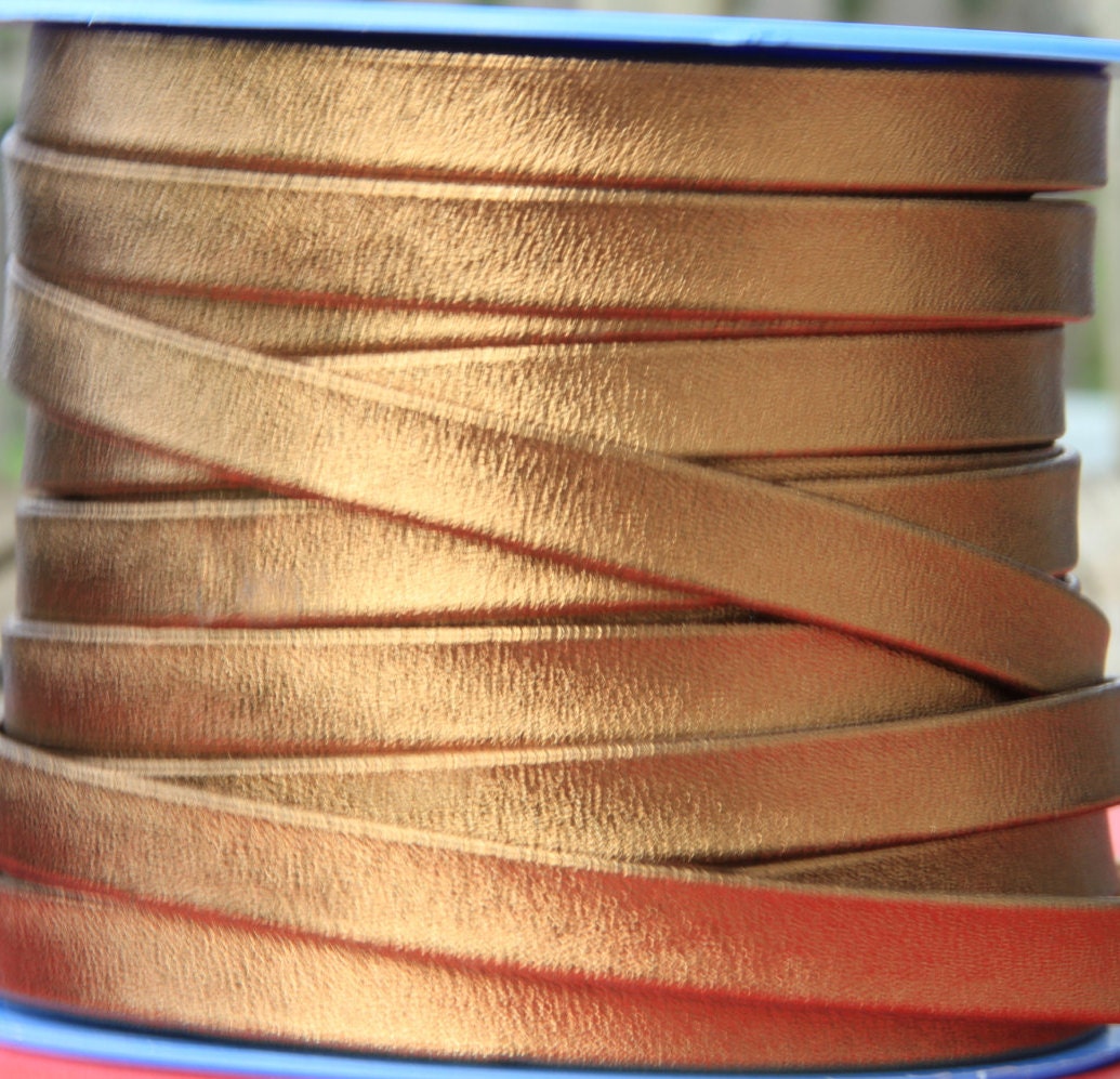 MADE in SPAIN 24"  folded 10mm flat leather cord, old gold flat leather cord, 10mm flat gold leather cord (TD10MTORV)