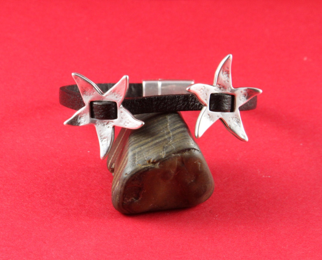 FS0034>>MADE in EUROPE 2 zamak starfish sliders, silver starfish slider, flat cord starfish slider, 5mm flat cord sliders Qty2