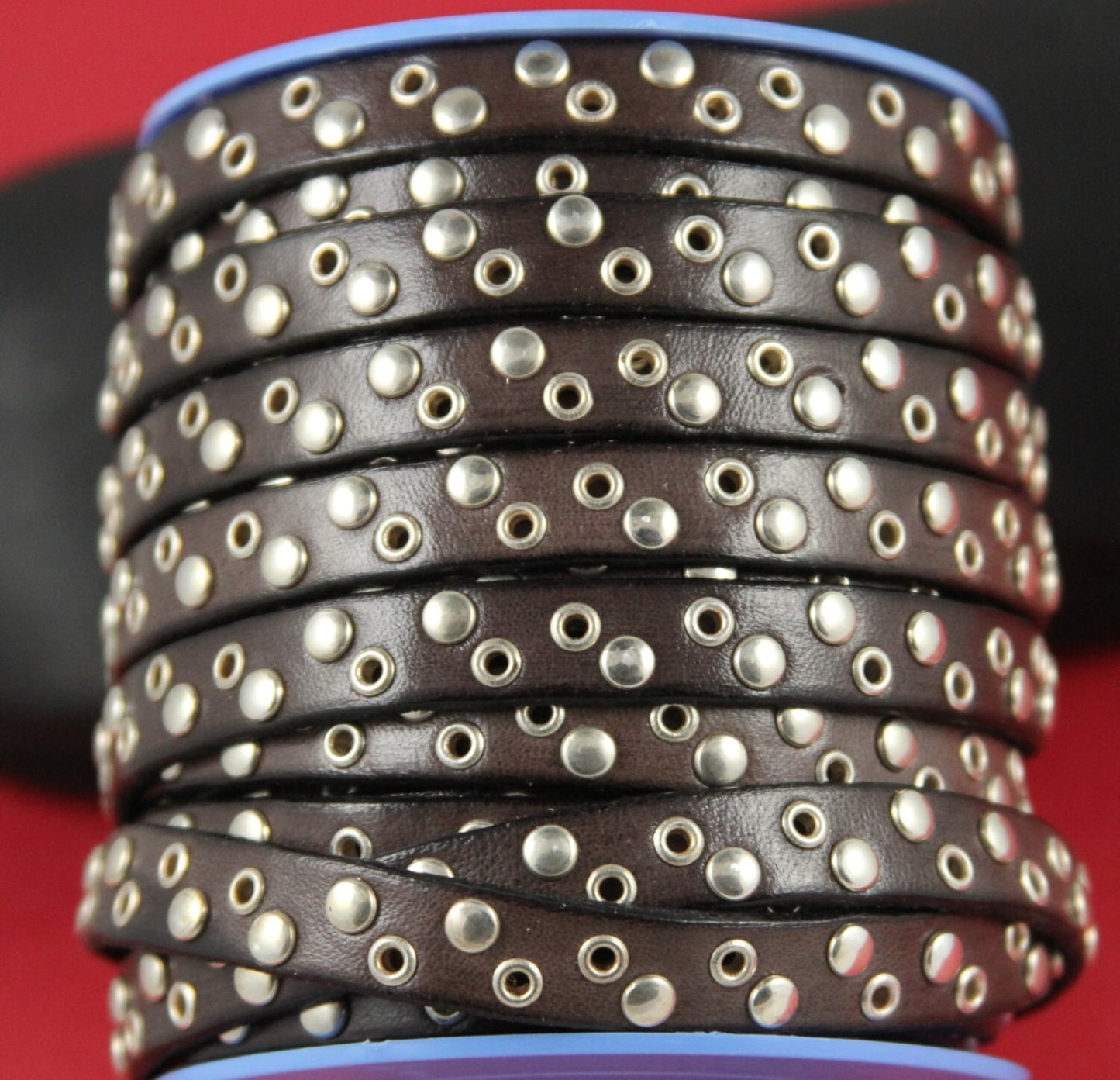 MADE in EUROPE 8'' brown leather cord with rivets, 10mm studded  leather cord, 10mm flat leather cord(vm10c/tdo)