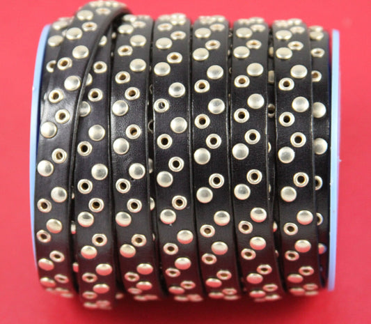 MADE in EUROPE 8'' black leather cord with rivets, 10mm flat leather cord with studs, 10mm studded black leather cord, (vm10c/tdoneg)