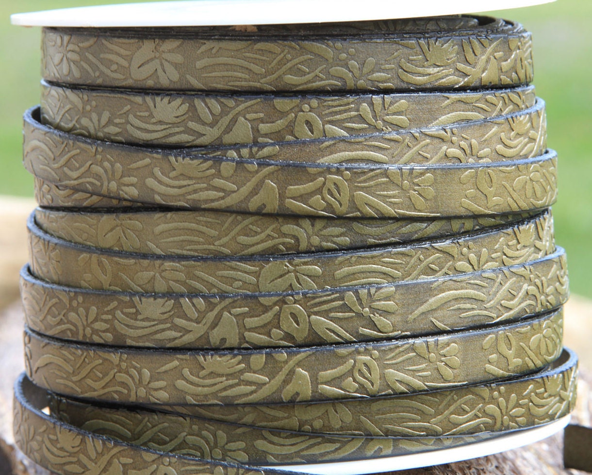 MADE in SPAIN 24" of floral leather cord, 10mm flat engraved leather cord for bracelet, embossed 10mm leather cord