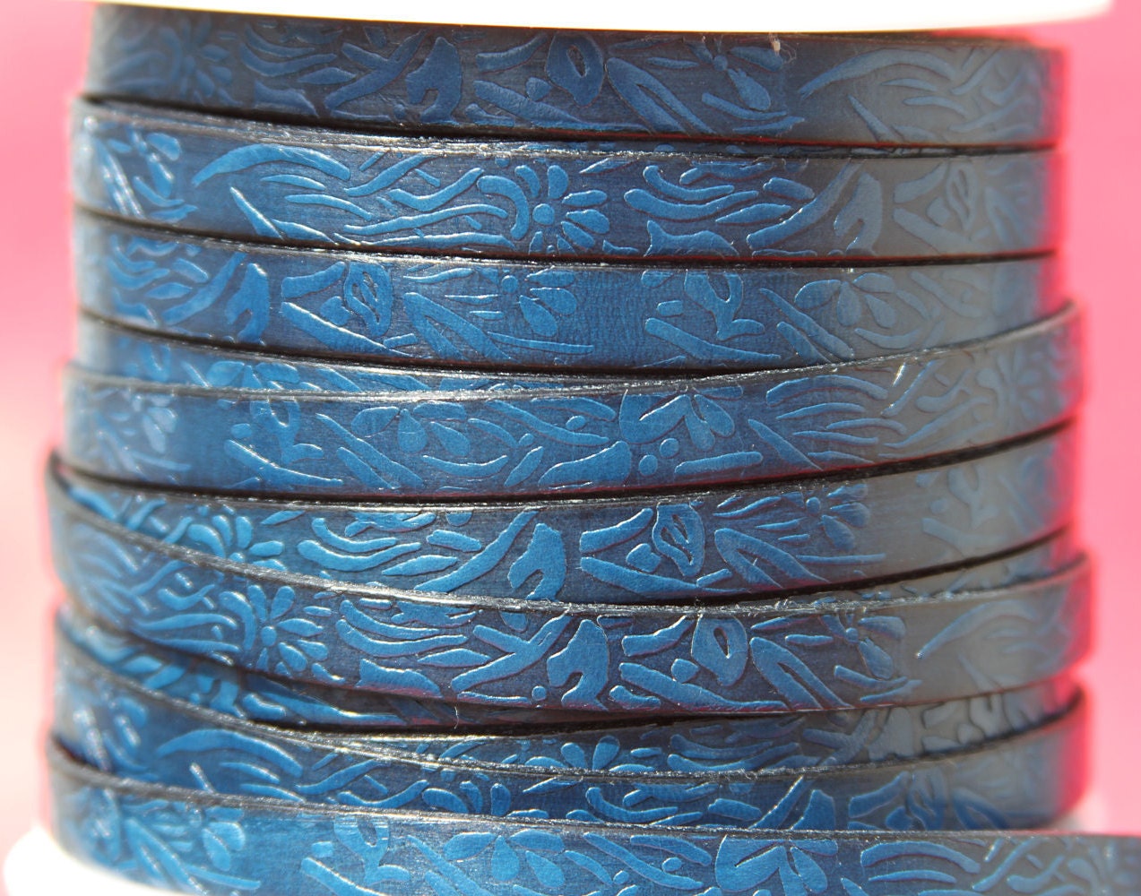 MADE in SPAIN 24" of floral leather cord, 10mm flat engraved leather cord for bracelet, embossed 10mm leather cord (509/10/14)