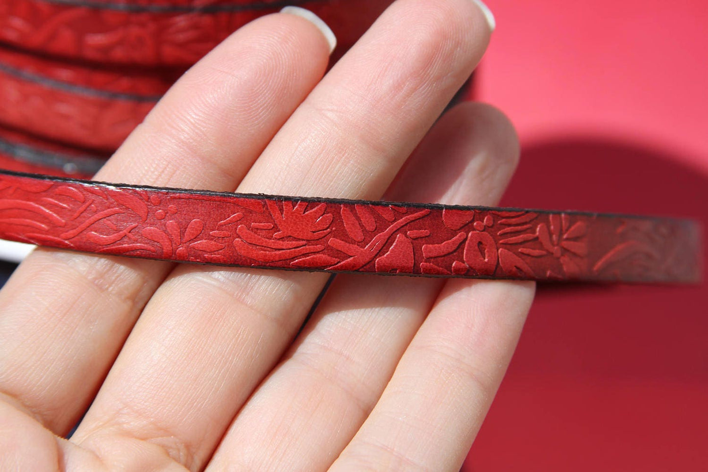 MADE in SPAIN 24" of red floral leather cord, 10mm flat engraved leather cord for bracelet, embossed 10mm leather cord (509/10/12)