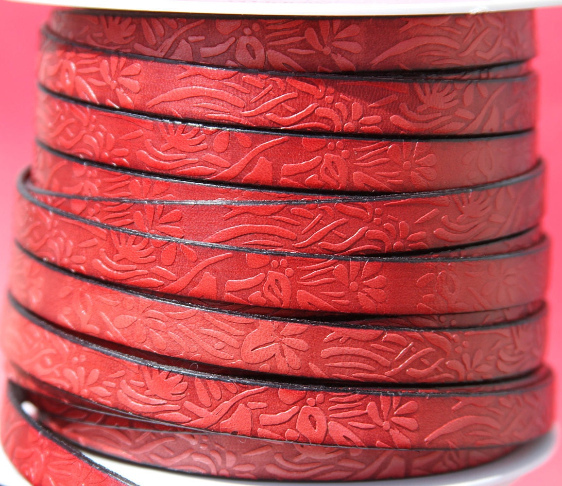 MADE in SPAIN 24" of red floral leather cord, 10mm flat engraved leather cord for bracelet, embossed 10mm leather cord (509/10/12)