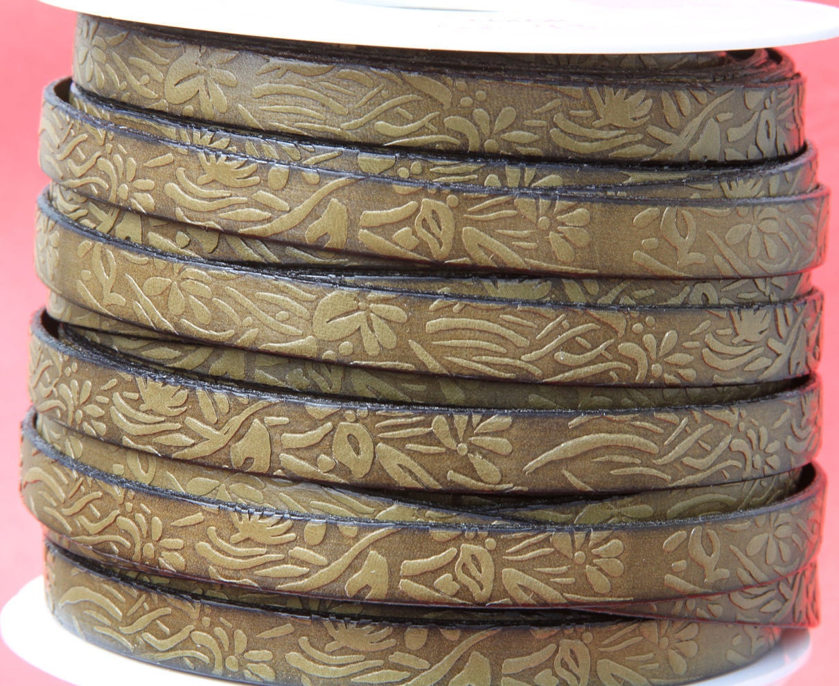 MADE in SPAIN 24" of floral leather cord, 10mm flat engraved leather cord for bracelet, embossed 10mm leather cord