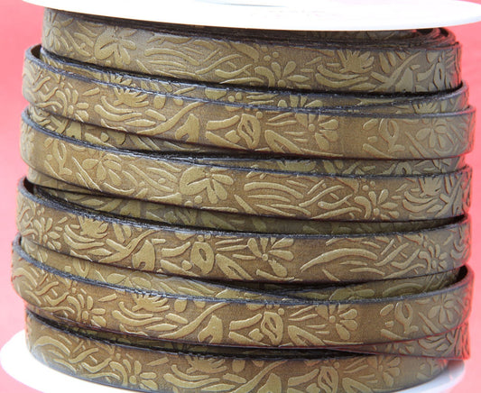 MADE in SPAIN 24" of floral leather cord, 10mm flat engraved leather cord for bracelet, embossed 10mm leather cord