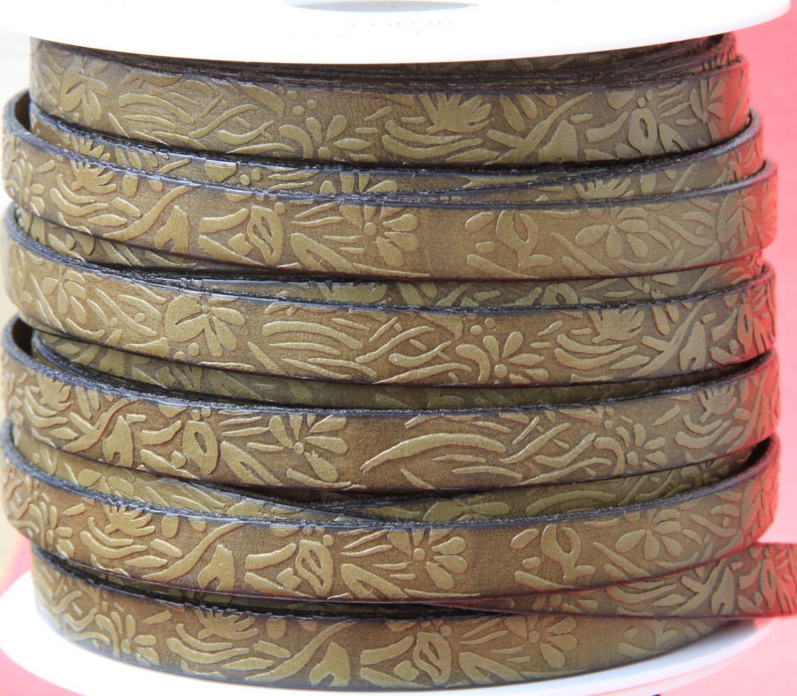 MADE in SPAIN 24" of floral leather cord, 10mm flat engraved leather cord for bracelet, embossed 10mm leather cord