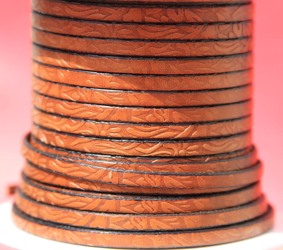 MADE in EUROPE 24'' flat 5mm floral engraved leather cord, 5mm flat leather cord, 5mm embossed leather cord (509/05/33)