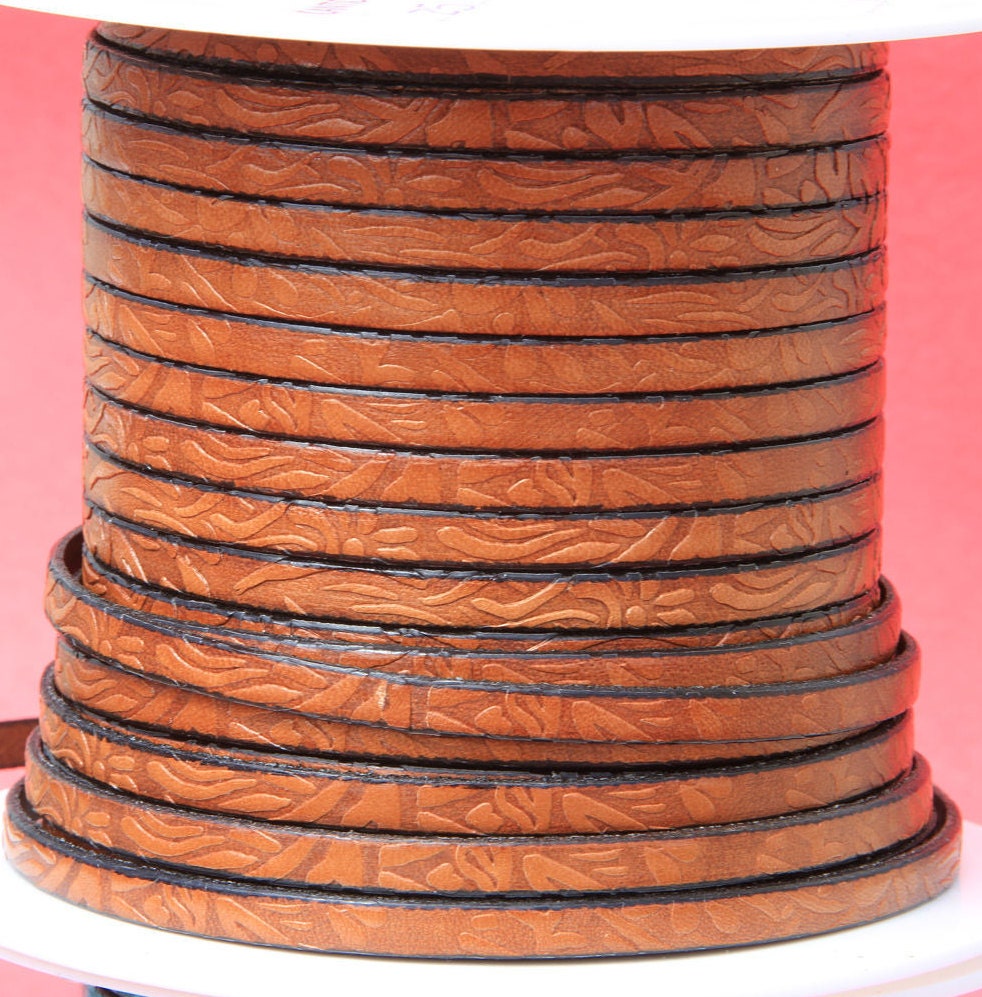 MADE in EUROPE 24'' flat 5mm floral engraved leather cord, 5mm flat leather cord, 5mm embossed leather cord (509/05/33)