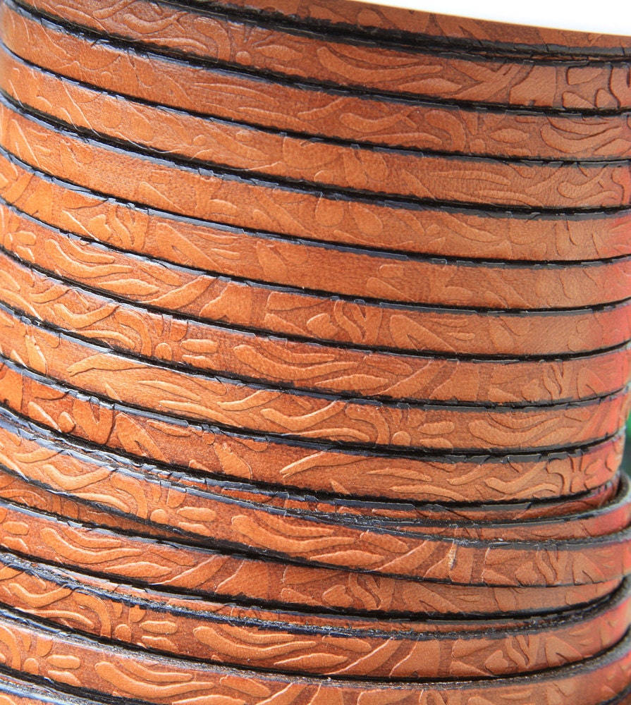 MADE in EUROPE 24'' flat 5mm floral engraved leather cord, 5mm flat leather cord, 5mm embossed leather cord (509/05/33)